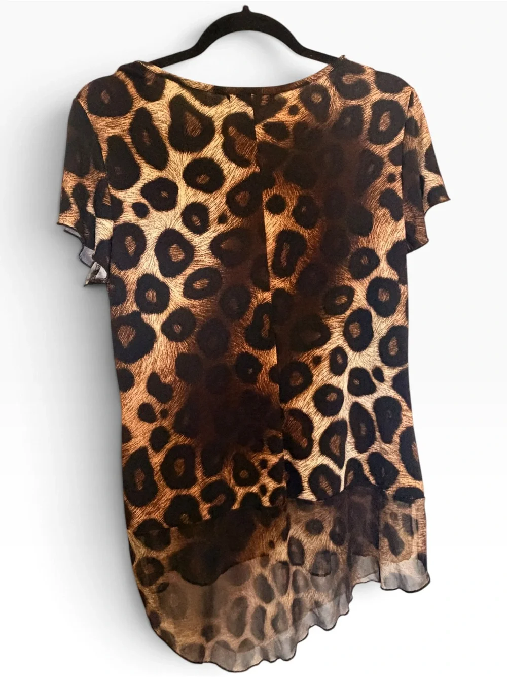 Size M) Vintage Suzie Brown Leopard Print Chiffon High-Low Tunic Top